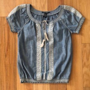Lucky Brand XS Chambray Embroidered Peasant Top